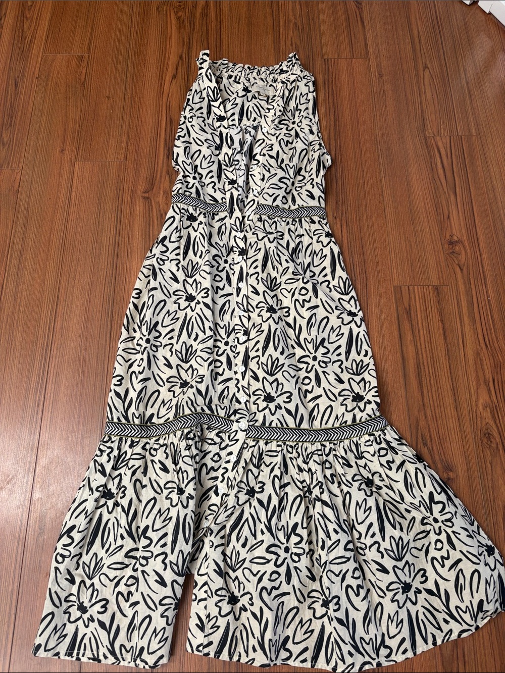 Black and White Floral Maxi Dress with Waist Trim